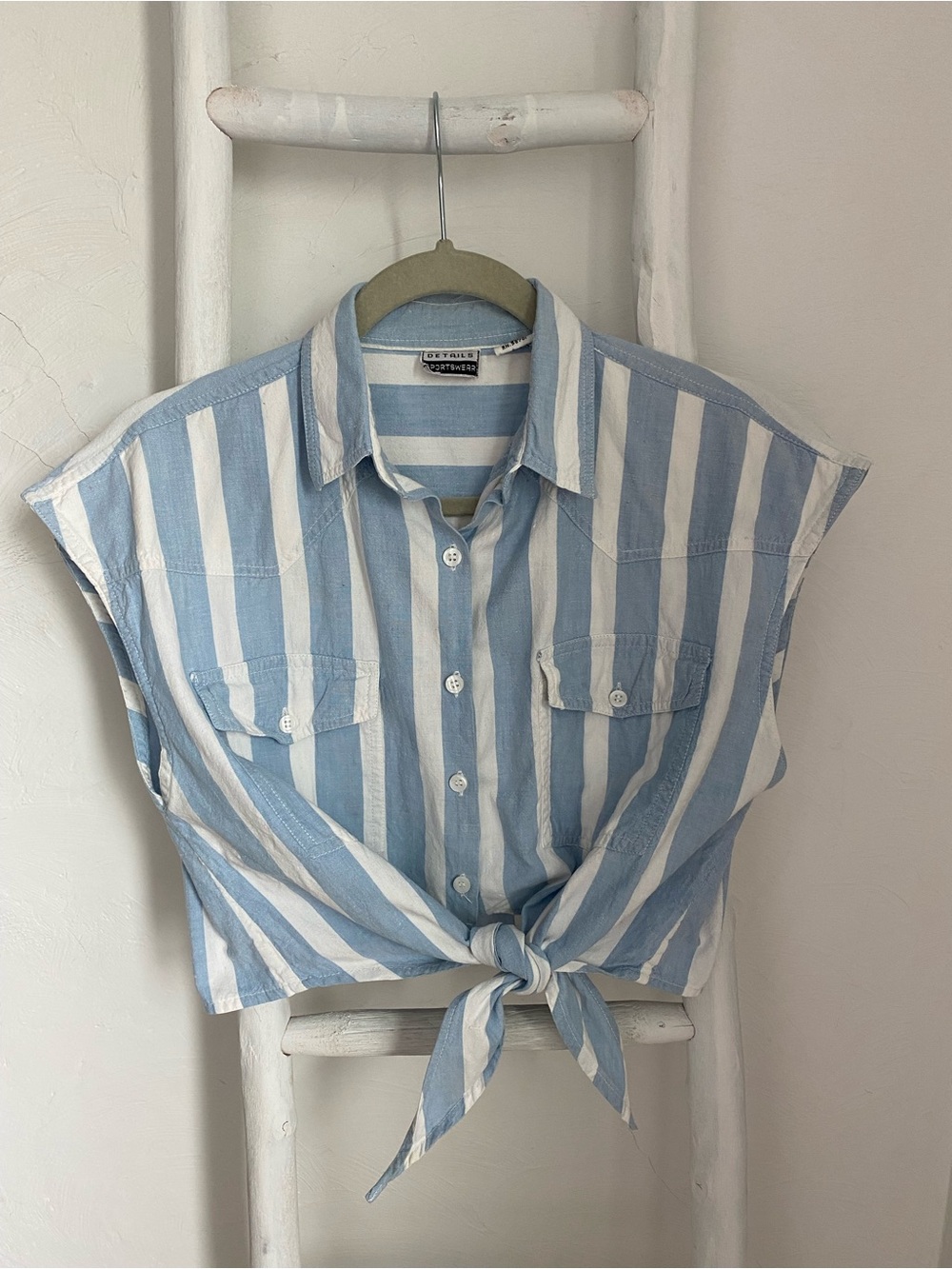 Vintage Blue & White Striped Tie-Front Button Down Shirt